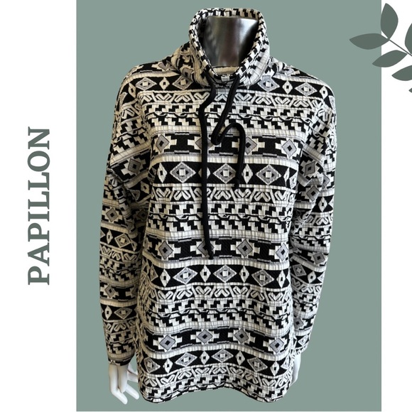 Papillon Mock Neck Aztec Print Pullover Black Cream Long Sleeve Size Medium - Picture 3 of 8